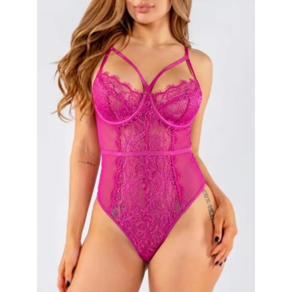 French Affair Women's Teddy Lace Push-up Bodysuit Rose Violet Size Medium NWT